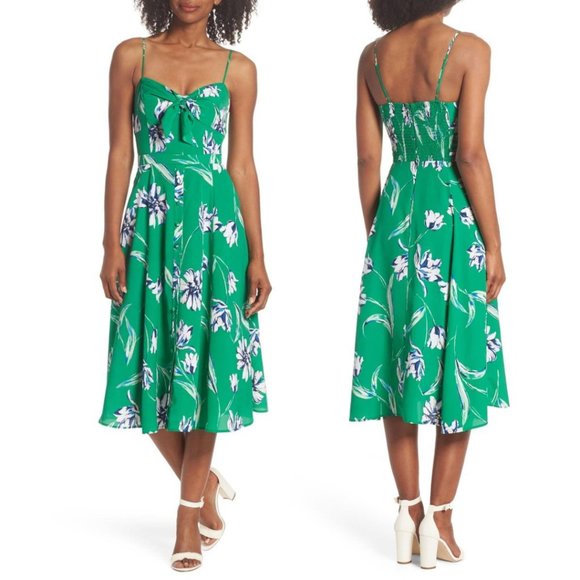 NWT Eliza J Tie Front Green Floral Midi Dress - 12 - Picture 1 of 9